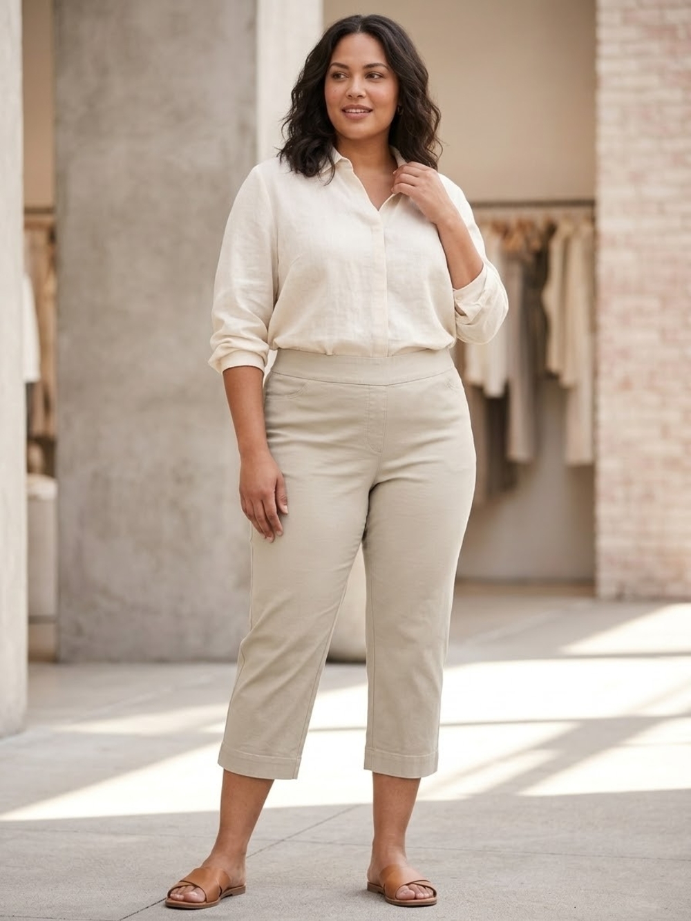 CJ Banks Neutral Cropped Pull-On Capris in Beige